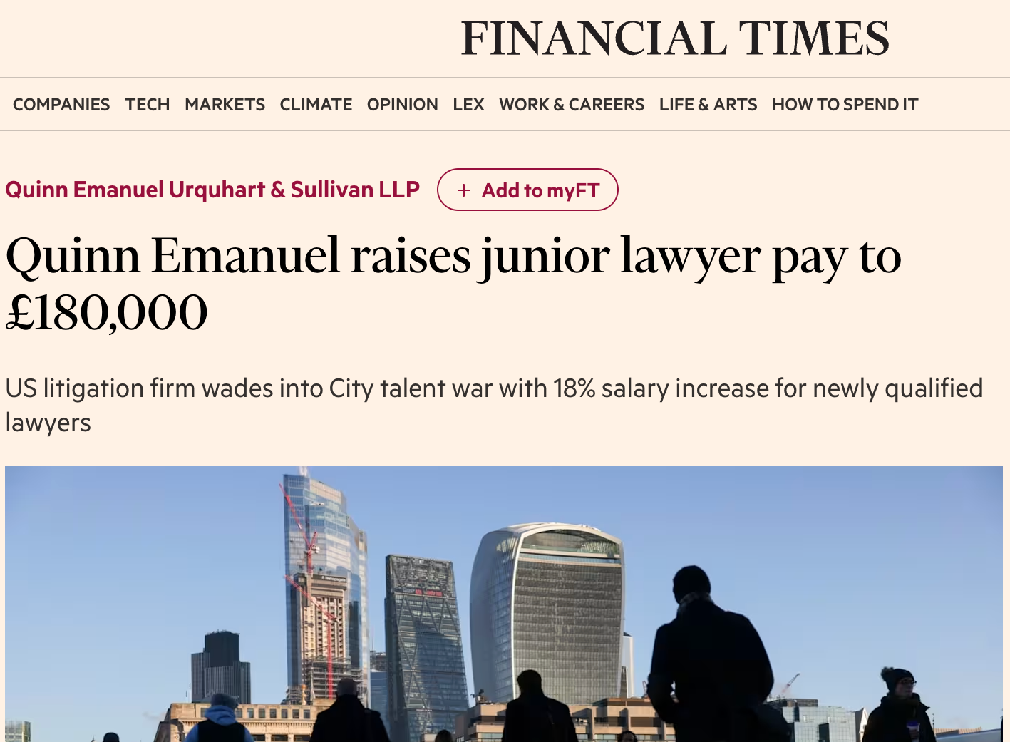 Financial Times: Quinn Emanuel raises junior lawyer pay to £180,000