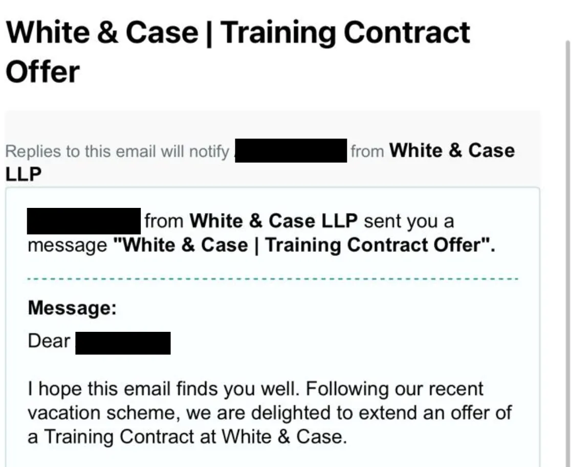 White and Case Training Contract offer — documented ECS outcome