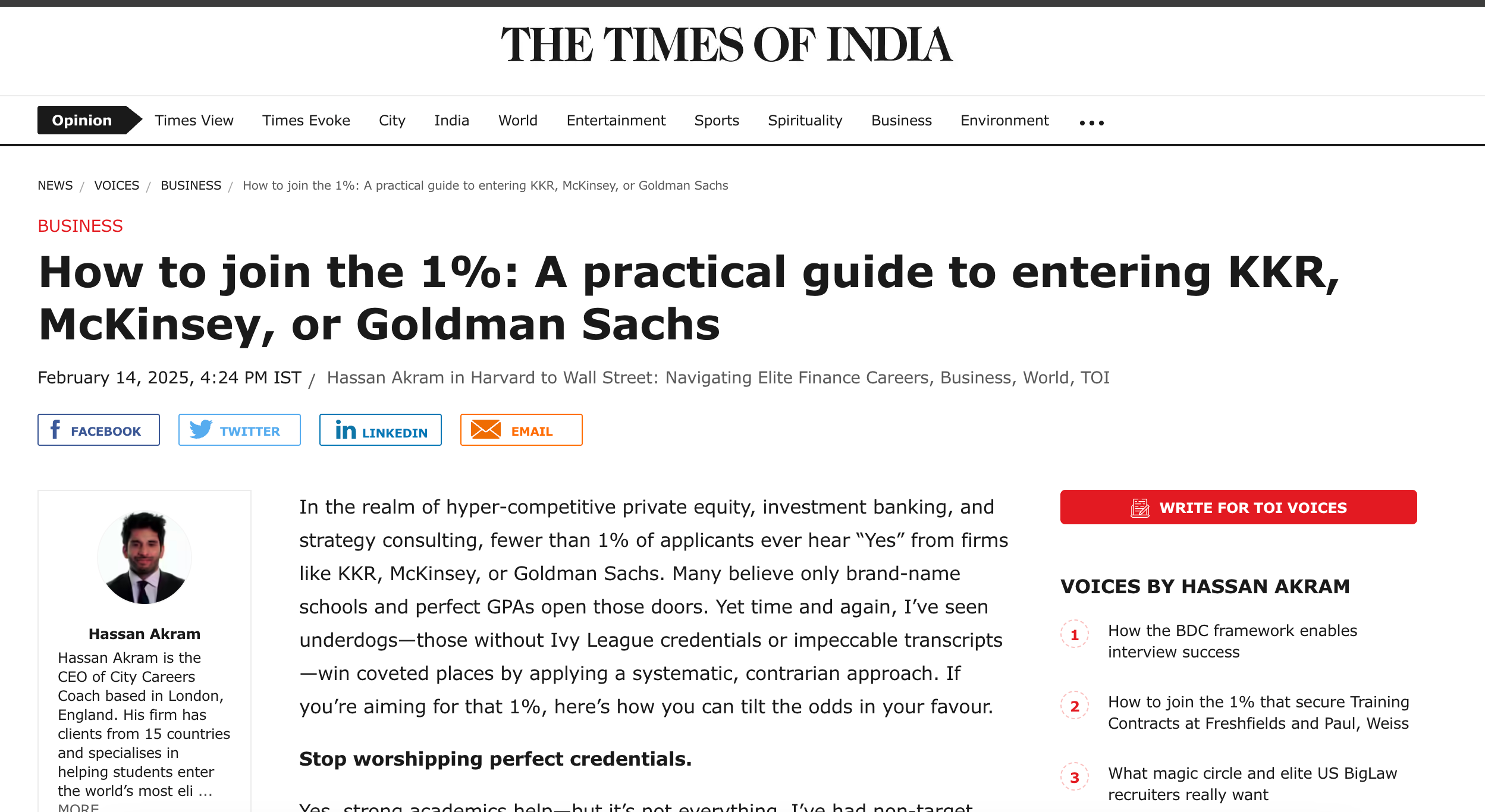 Hassan Akram Times of India column: Join the 1 percent